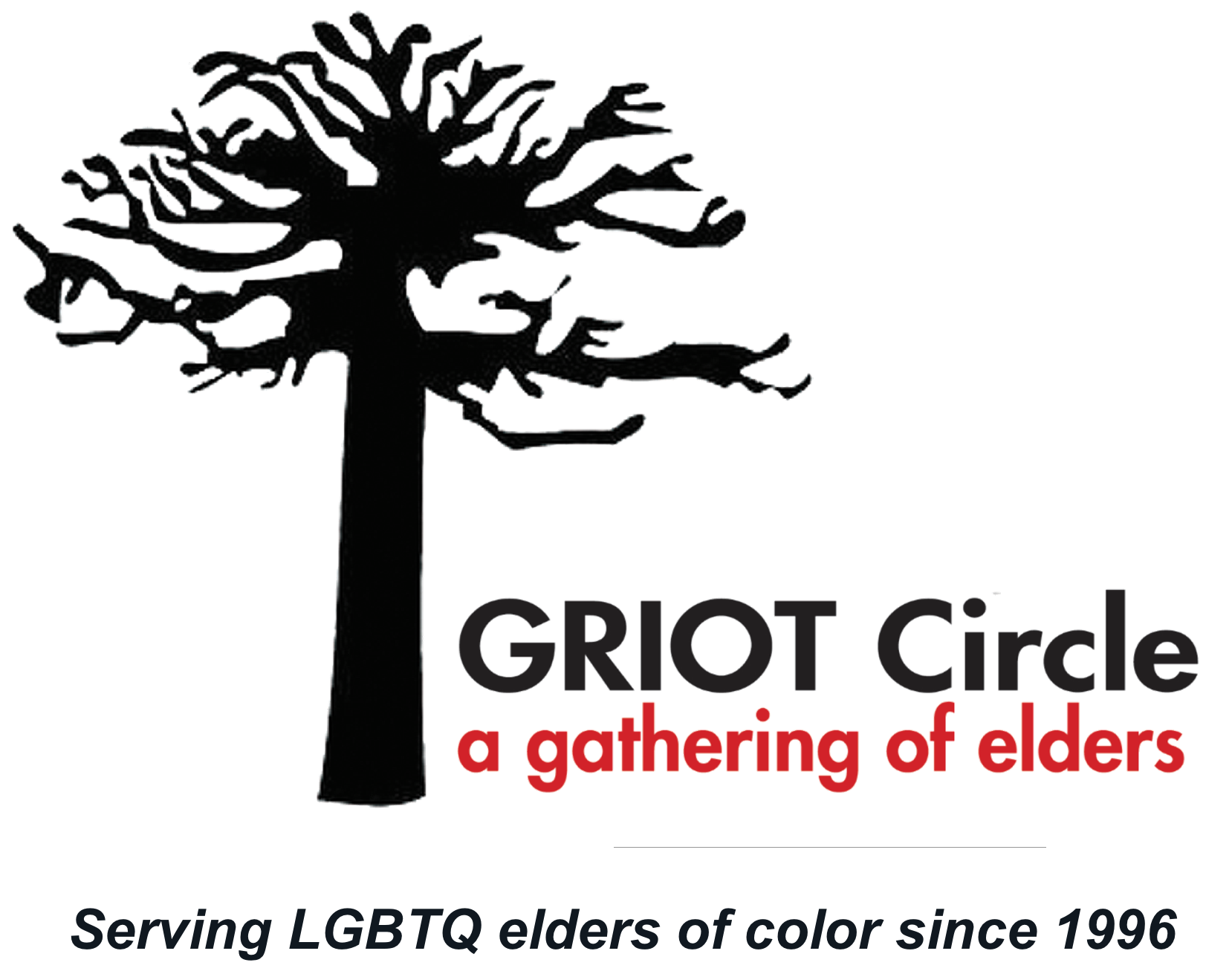 Logo for GRIOT Circle. Image reads: GRIOT Circle: a gathering of elders. Serving LGBTQ elders of color since 1996